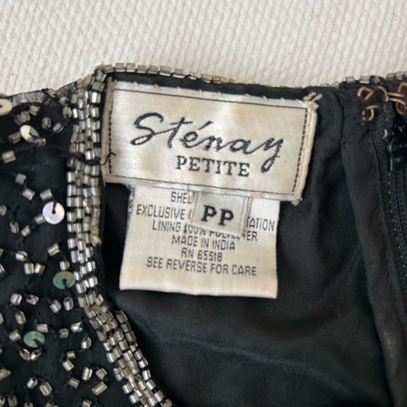 Black Beaded Top Short Sleeve Silver Sequins Bead Trim  Vintage Size Petite PP - Picture 12 of 13